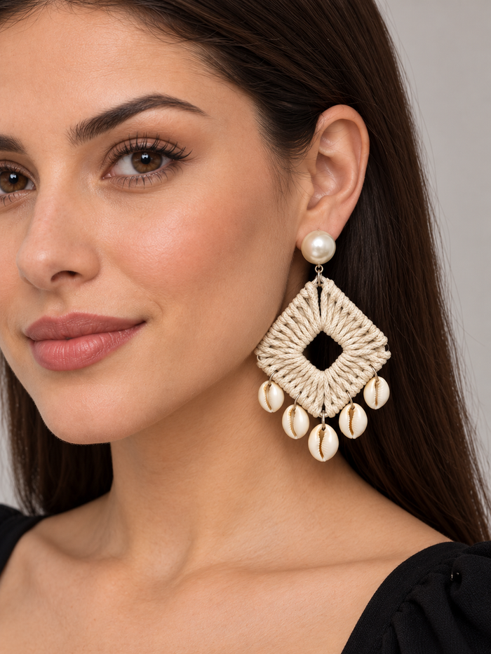 Cream Woven Cowrie Shell Earrings with Pearl-Style Tops