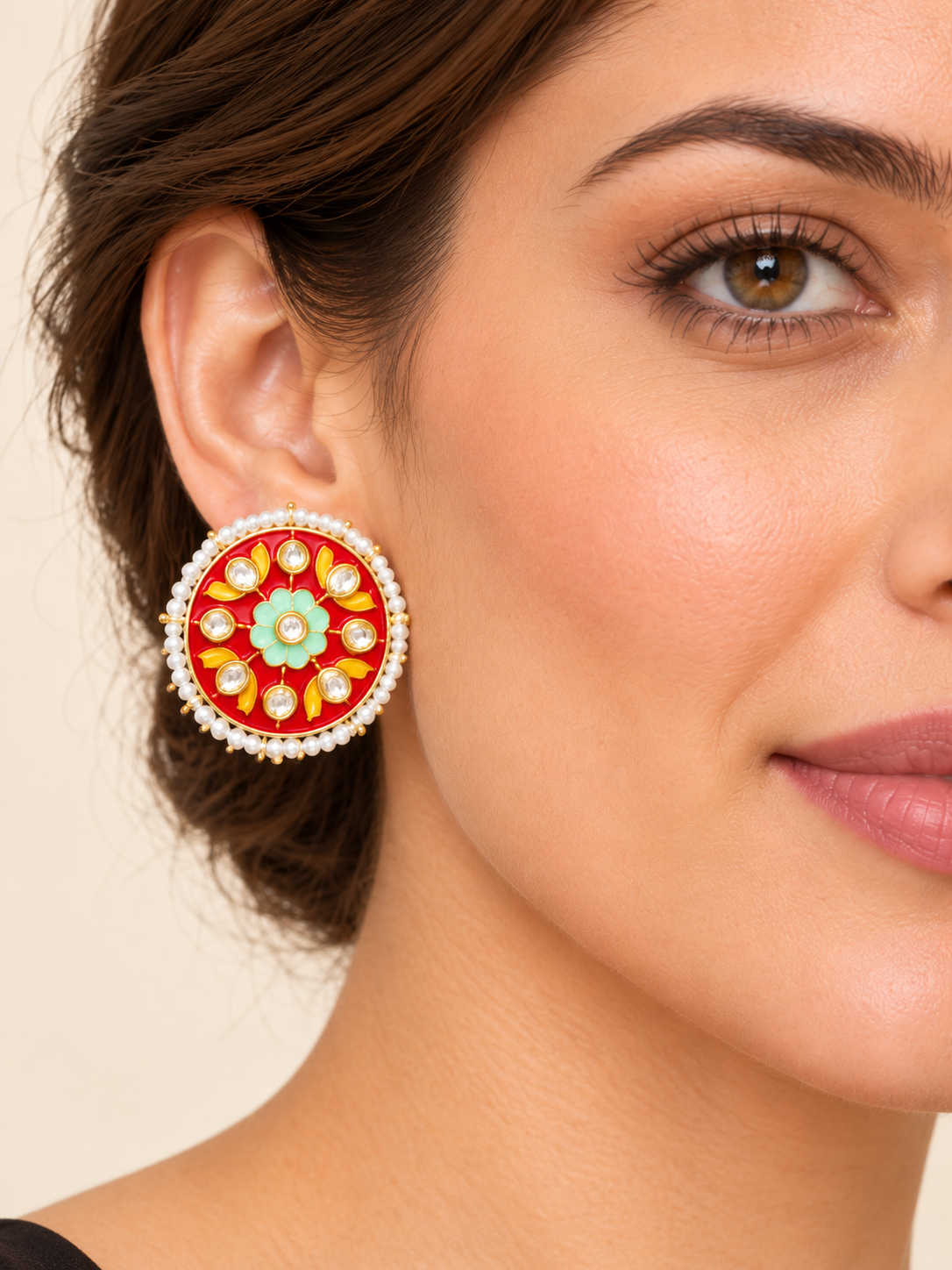 Red & Mint Green Floral Stud Earrings with Pearl-Style Border