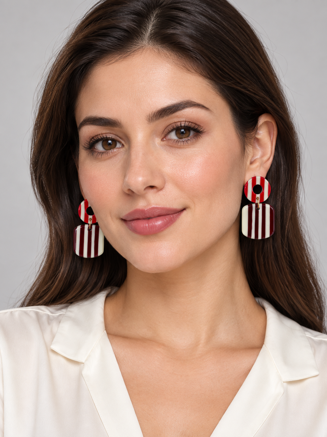 Red, Burgundy & Ivory Striped Geometric Drop Earrings