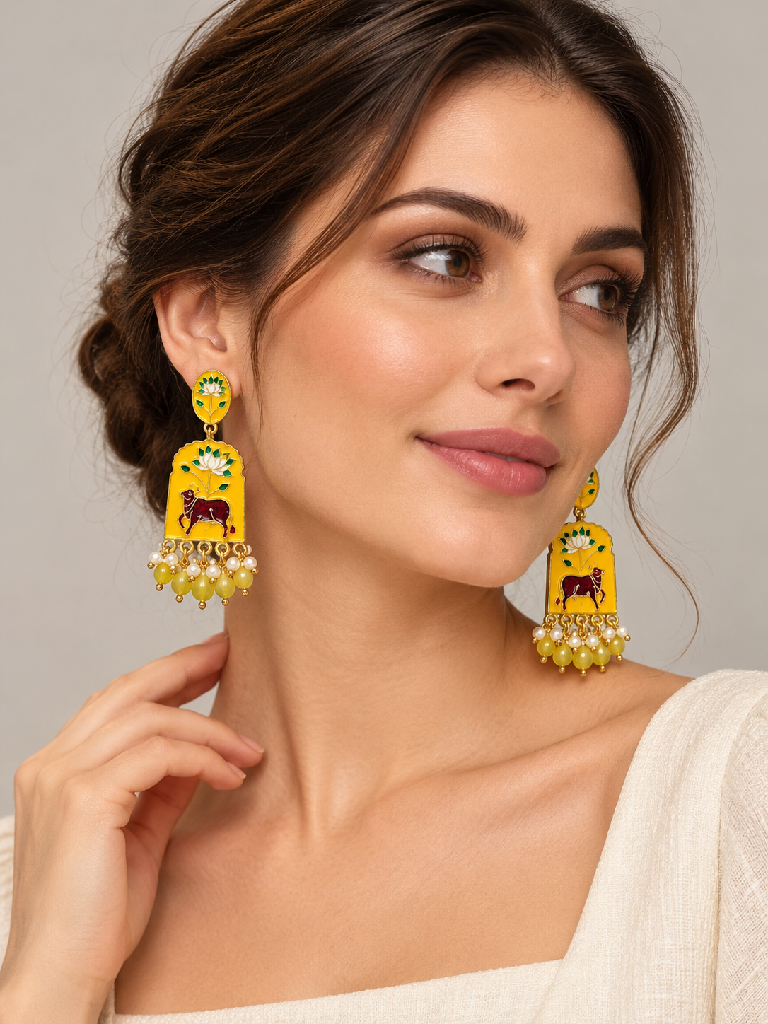 Yellow Lotus & Cow Motif Beaded Statement Earrings