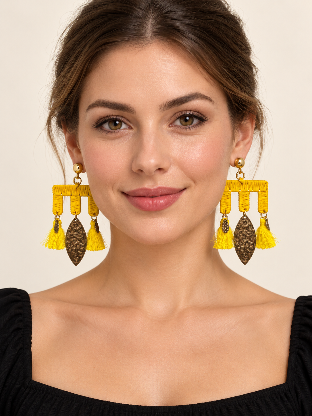 Yellow Tassel Earrings with Antique Gold-Tone Leaf Charms