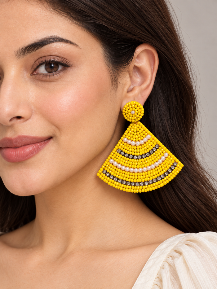 Yellow Beaded Fan Earrings with Pearl-Style & Sparkling Stone Accents