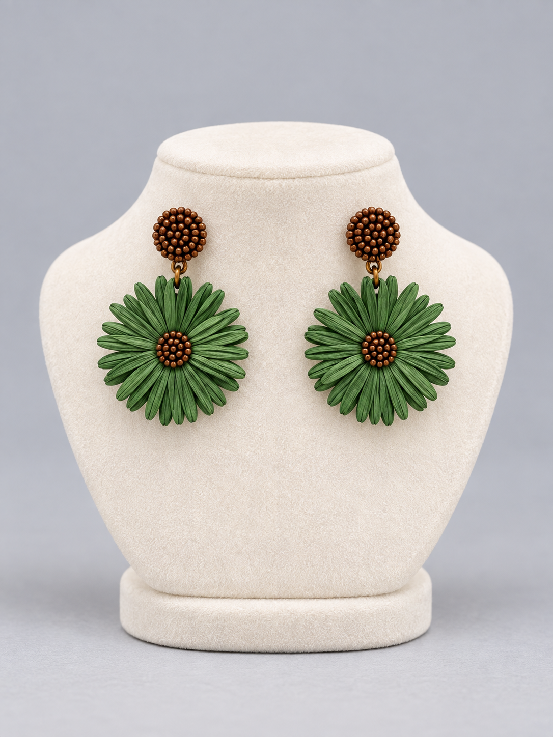 Forest Green Raffia-Style Daisy Drop Earrings