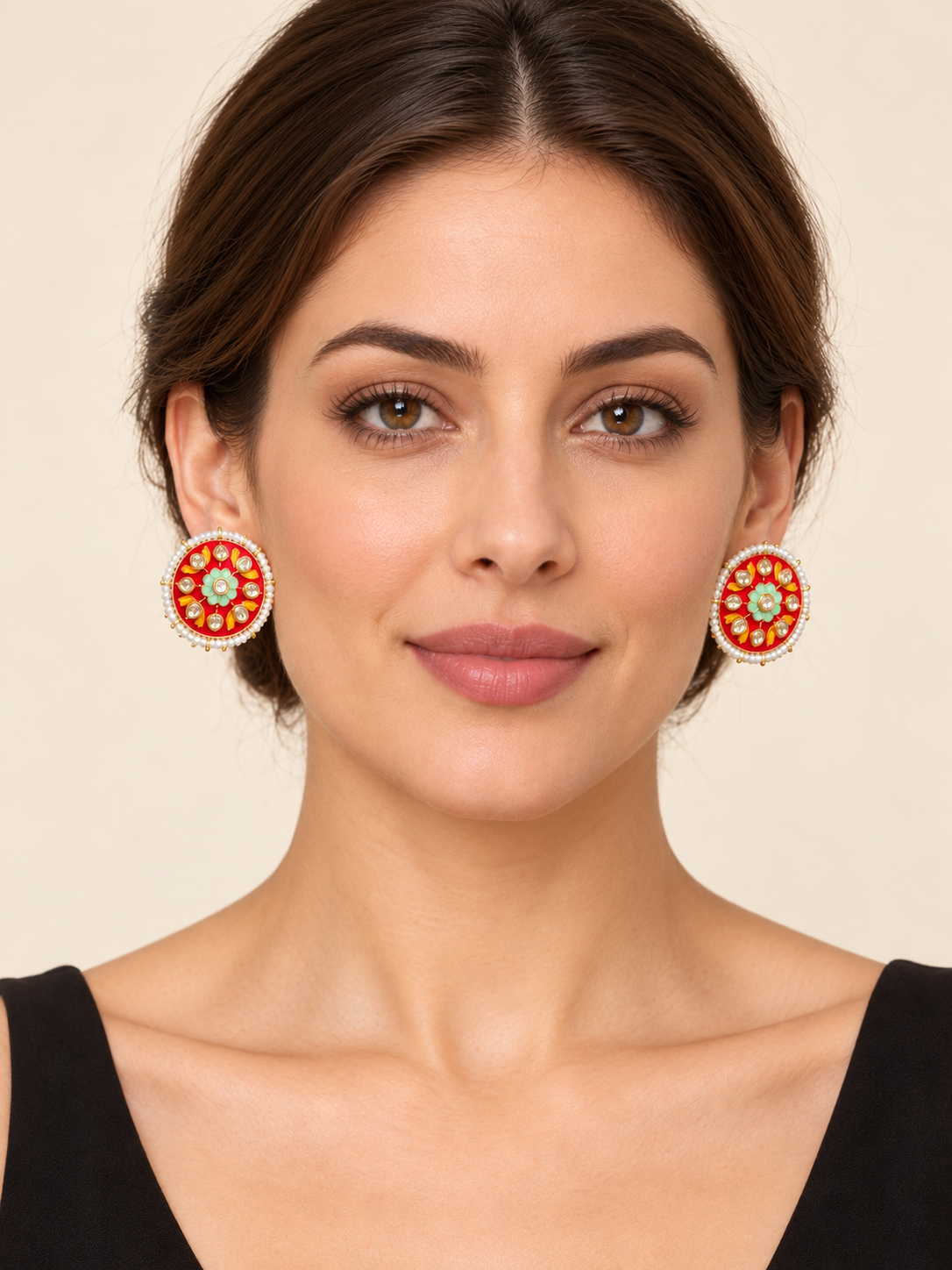 Red & Mint Green Floral Stud Earrings with Pearl-Style Border