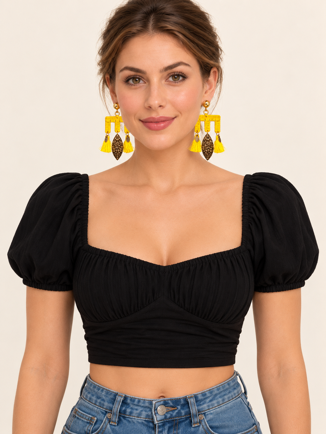 Yellow Tassel Earrings with Antique Gold-Tone Leaf Charms