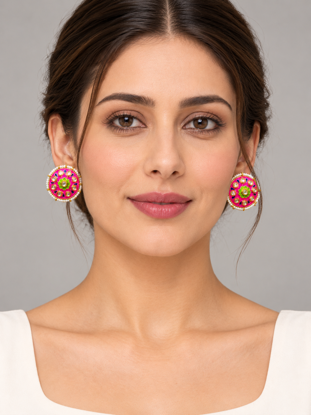Pink Floral Kundan-Style Stud Earrings with Pearl-Look Border