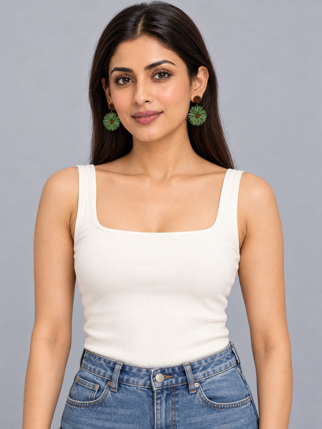 Forest Green Raffia-Style Daisy Drop Earrings