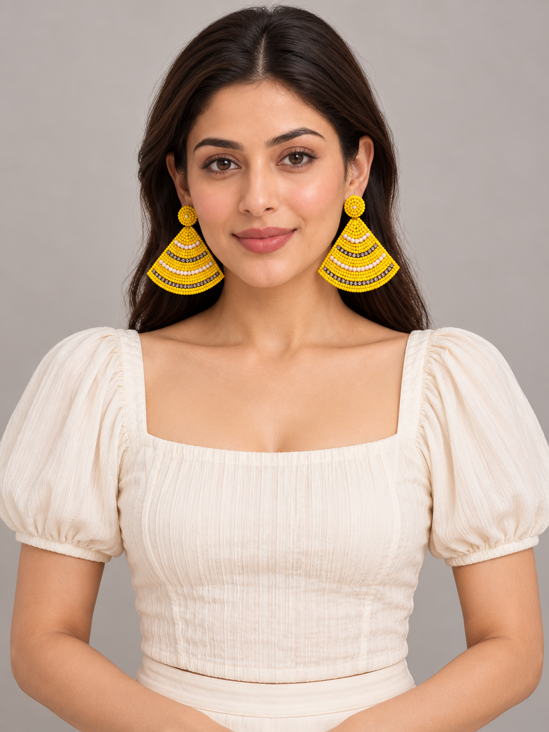 Yellow Beaded Fan Earrings with Pearl-Style & Sparkling Stone Accents
