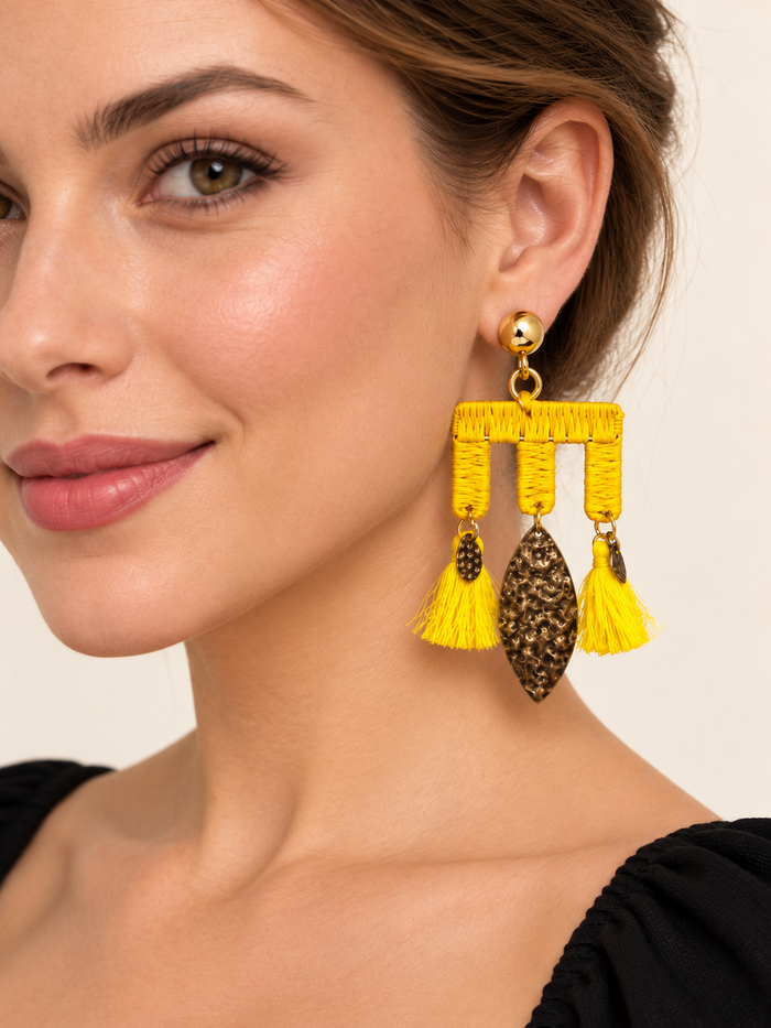 Yellow Tassel Earrings with Antique Gold-Tone Leaf Charms