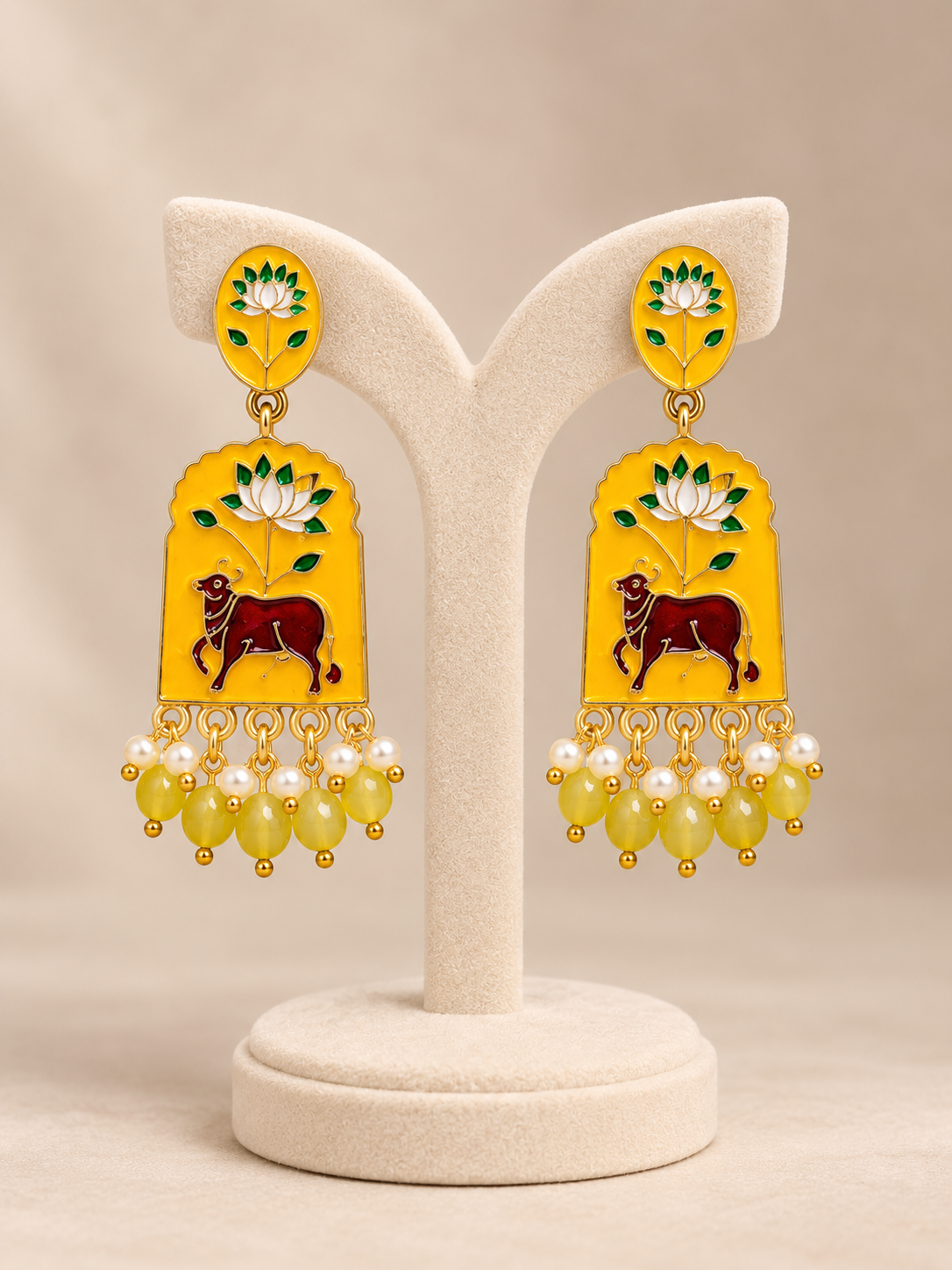 Yellow Lotus & Cow Motif Beaded Statement Earrings