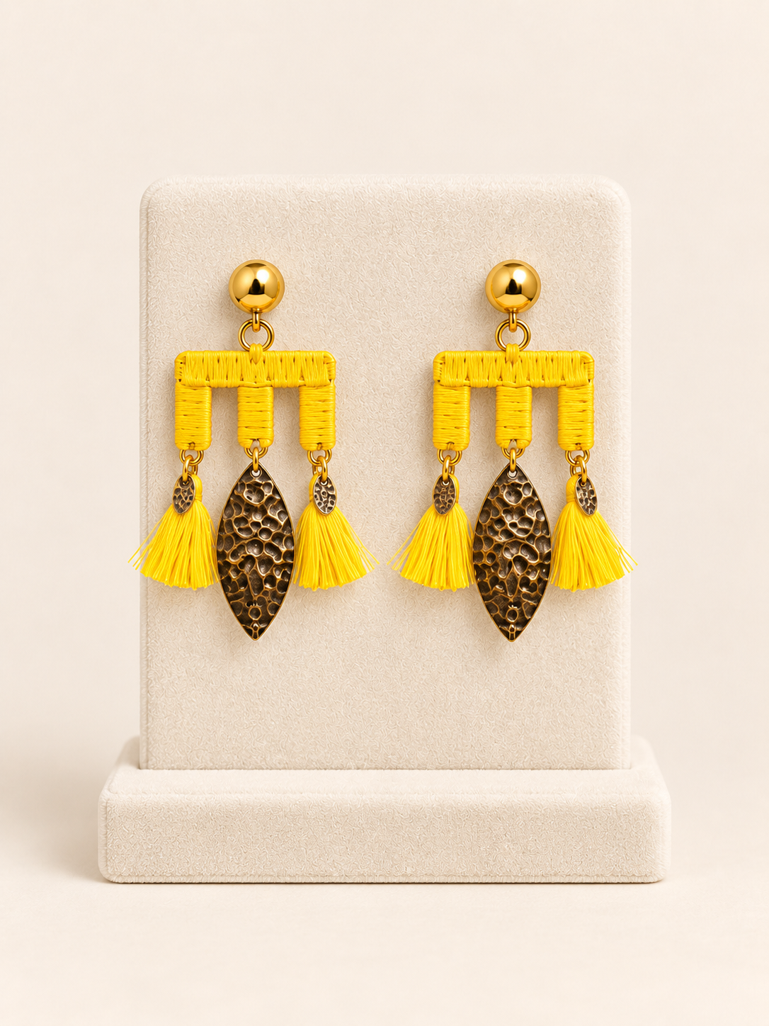 Yellow Tassel Earrings with Antique Gold-Tone Leaf Charms