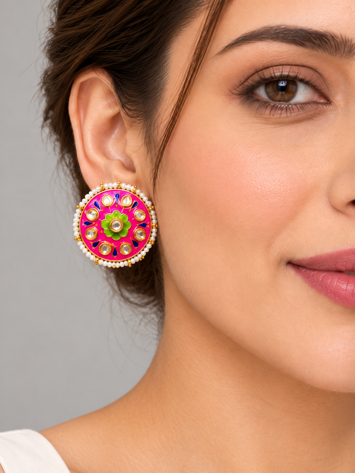 Pink Floral Kundan-Style Stud Earrings with Pearl-Look Border