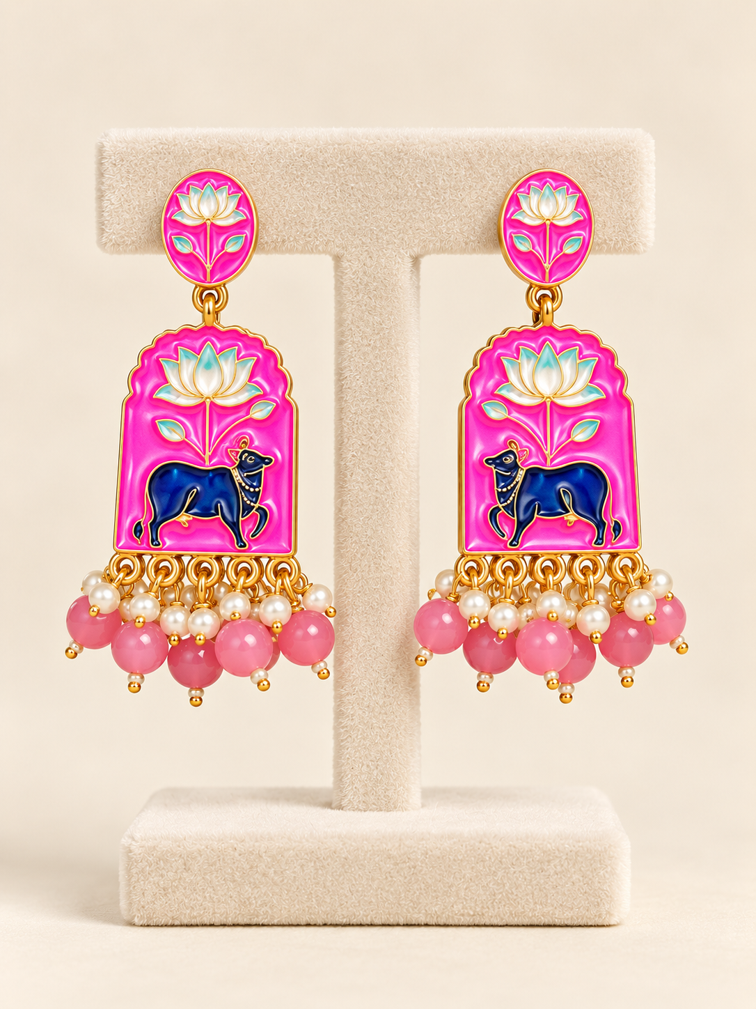 Hot Pink Lotus & Cow Motif Beaded Drop Earrings