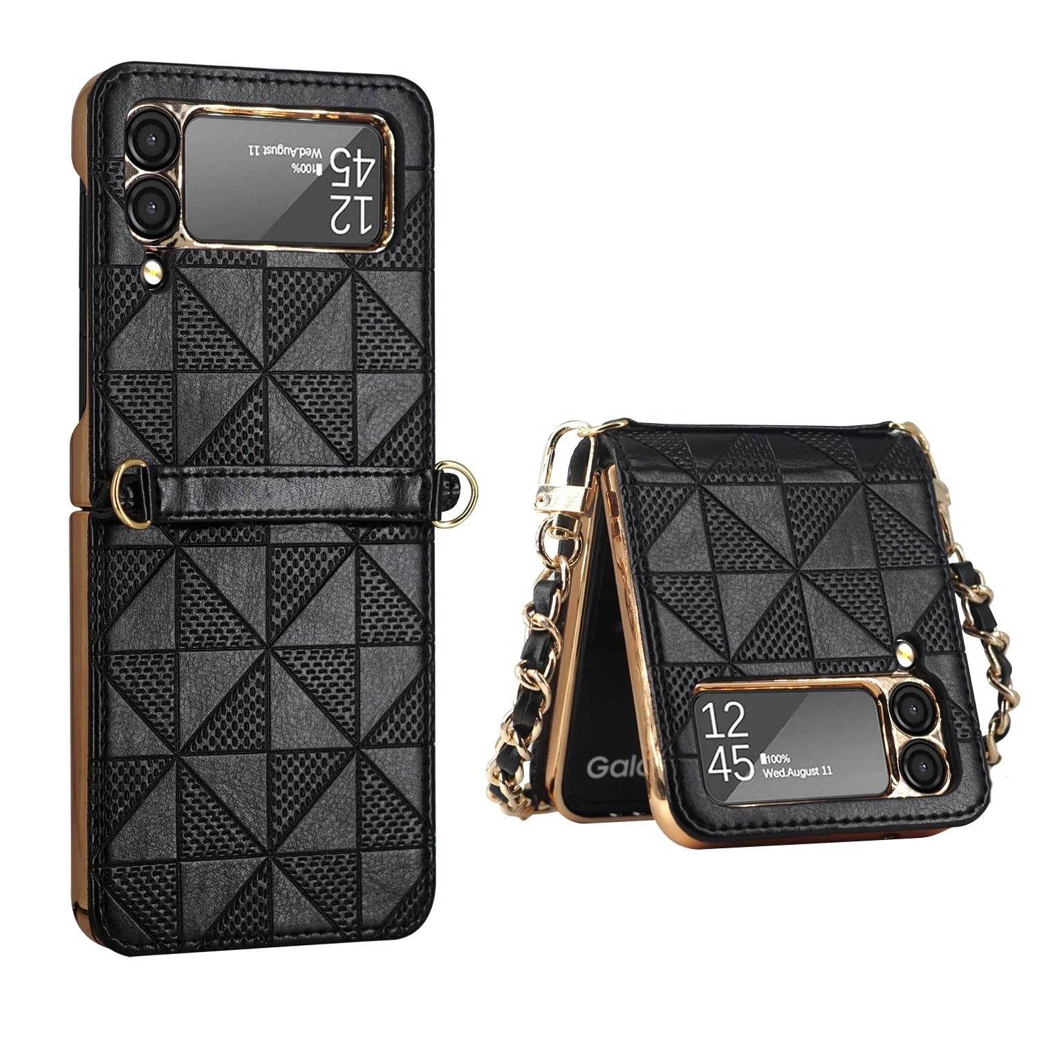 Samsung Galaxy Z Flip 3 Premium Leather Zigzag Wallet Cross Body Long Strap Card Holder Case Cover - Black - Guleel