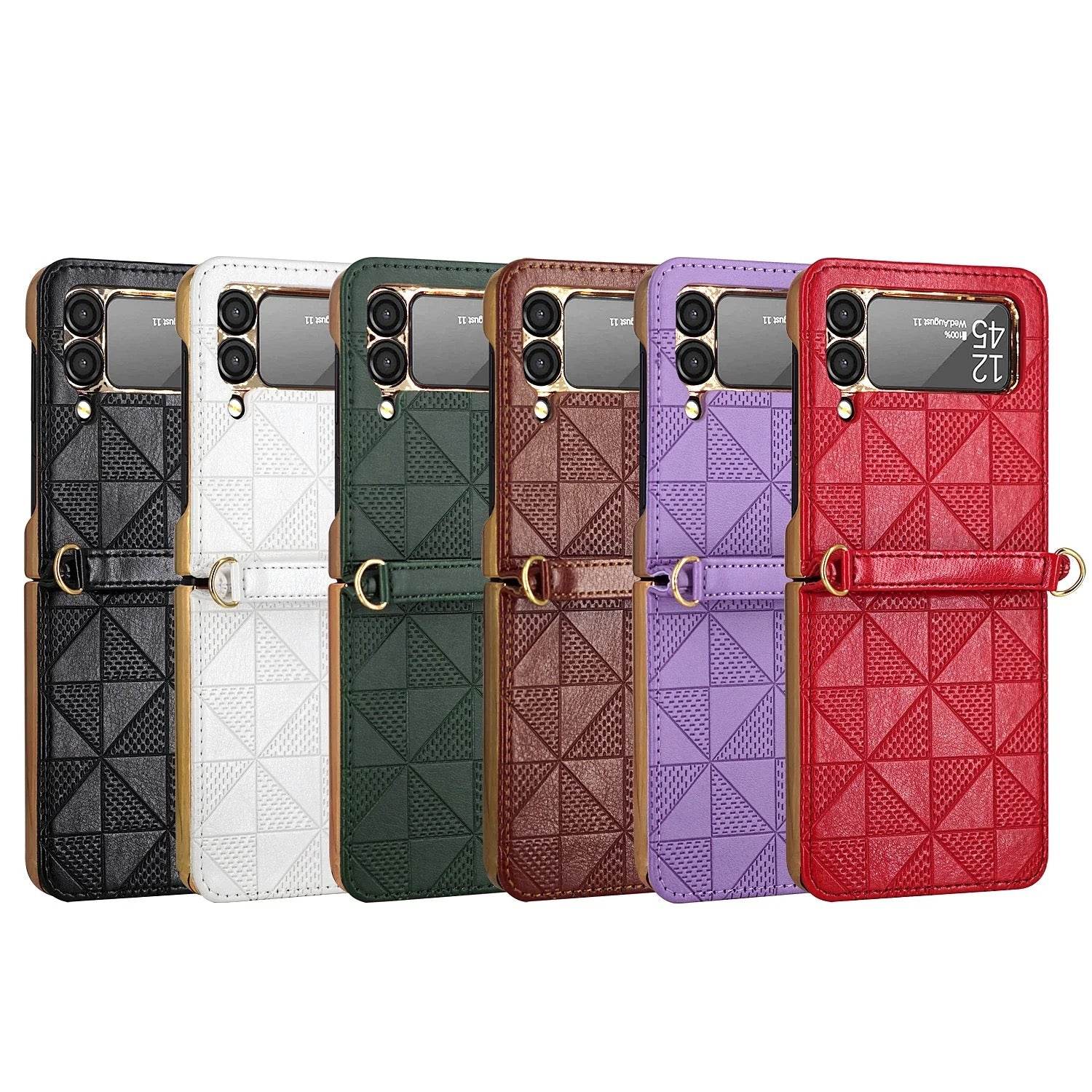 Samsung Galaxy Z Flip 4 Premium Leather Zigzag Cross Body Long Strap Sling Wallet Style Case Cover - Lavender - Guleel