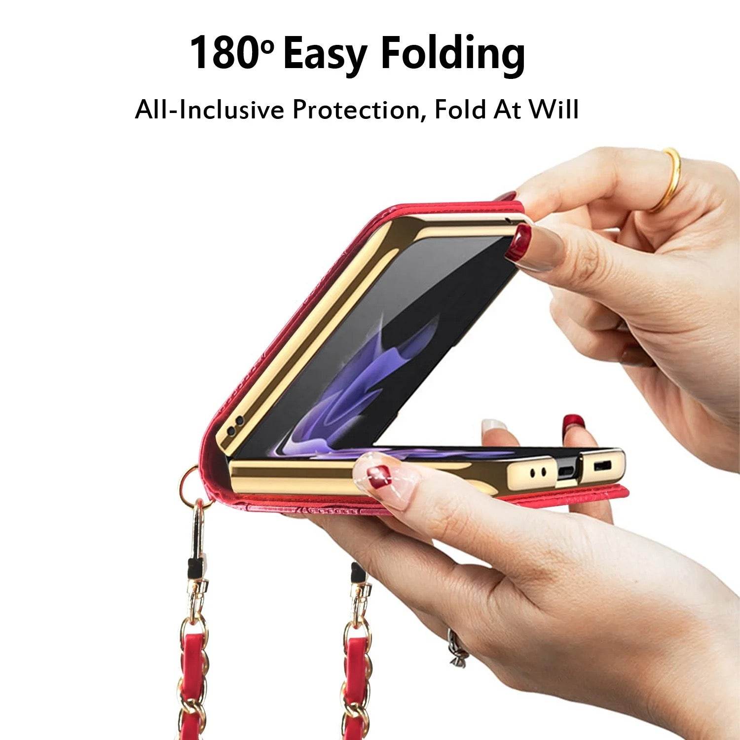 Samsung Galaxy Z Flip 4 Premium Leather Zigzag Cross Body Long Strap Sling Wallet Style Case Cover - Dark Brown - Guleel