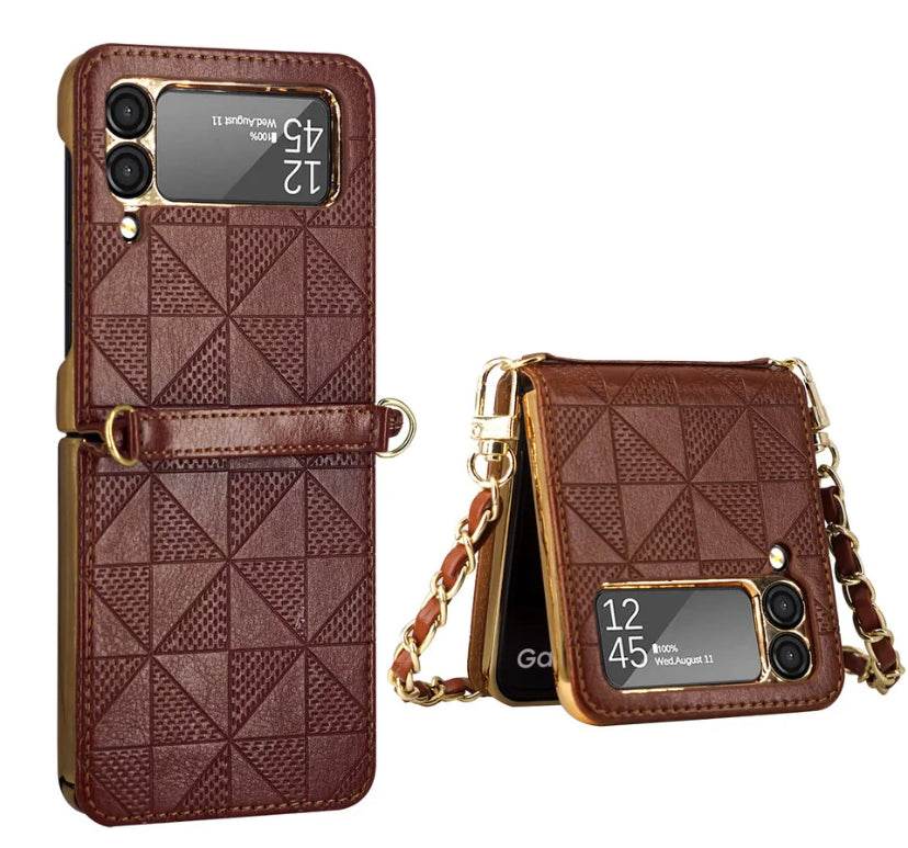 Samsung Galaxy Z Flip 4 Premium Leather Zigzag Cross Body Long Strap Sling Wallet Style Case Cover - Dark Brown - Guleel