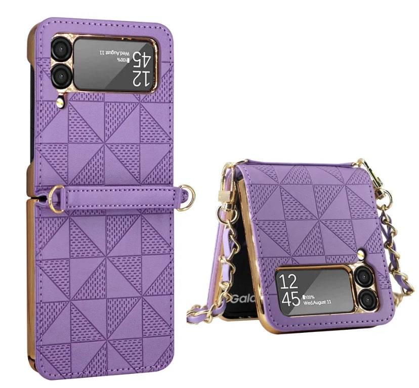 Samsung Galaxy Z Flip 3 Premium Leather Zigzag Wallet Cross Body Long Strap Card Holder Case Cover - Lavender - Guleel