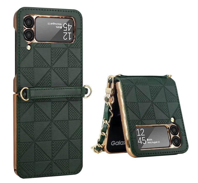 Samsung Galaxy Z Flip 3 Premium Leather Zigzag Wallet Cross Body Long Strap Card Holder Case Cover - Dark Green - Guleel