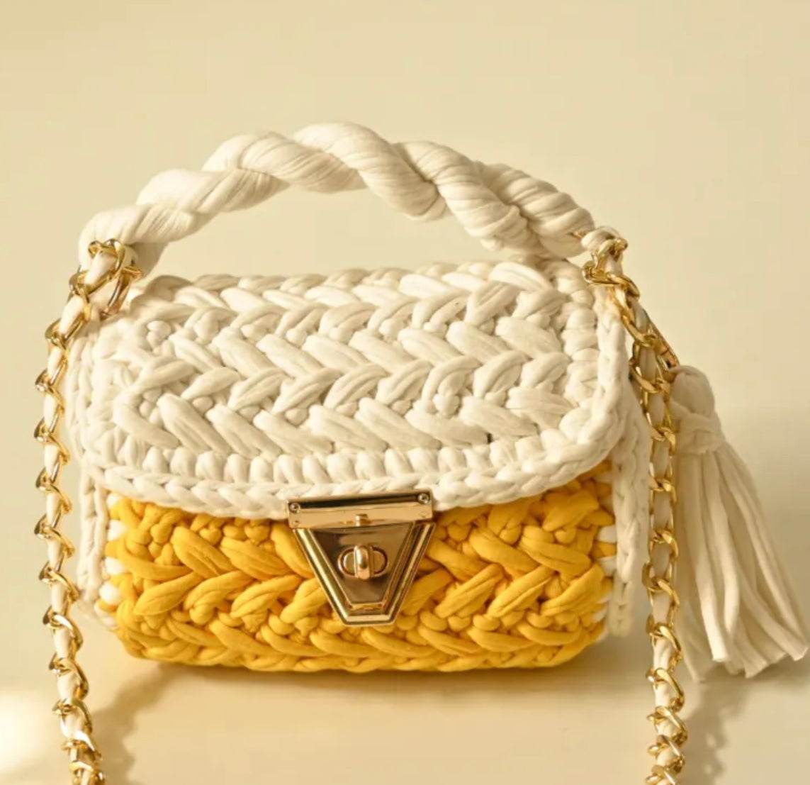 Colorful Hand Knitted Sling Handbag for Women - Cream Yellow - Guleel
