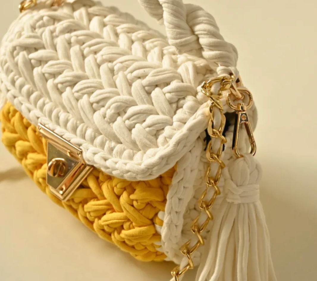 Colorful Hand Knitted Sling Handbag for Women - Cream Yellow - Guleel