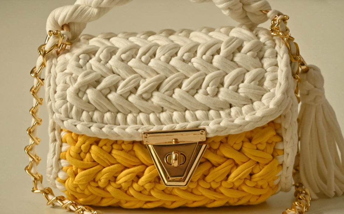 Colorful Hand Knitted Sling Handbag for Women - Cream Yellow - Guleel
