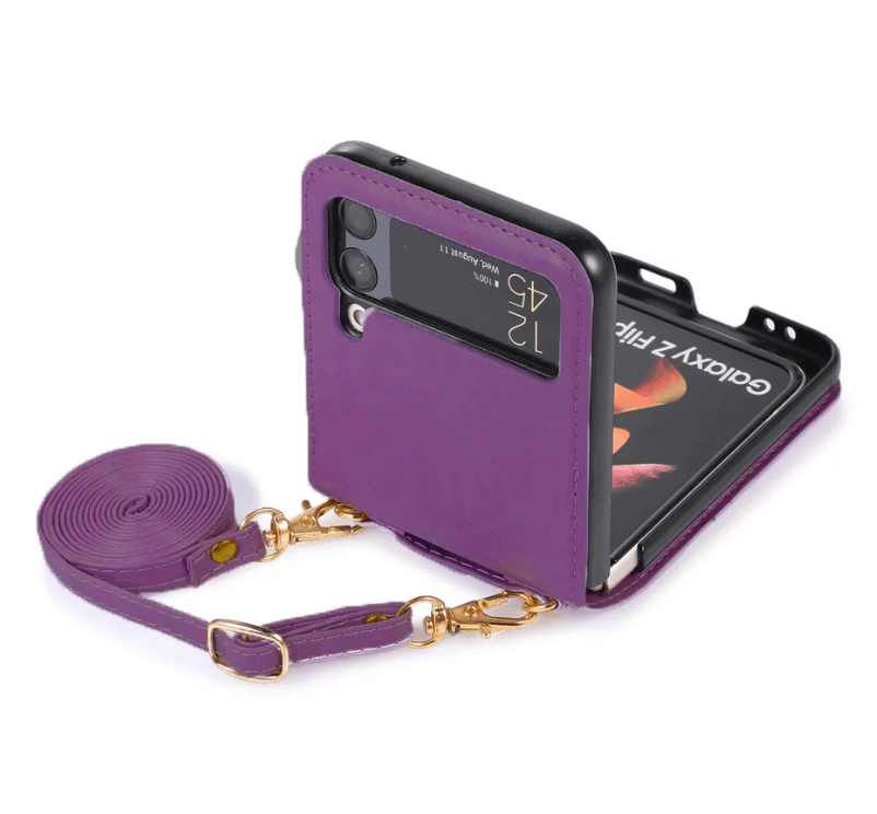 Samsung Galaxy Z Flip 4 Premium Leather Flip Wallet with Cross Body Strap Case - Purple - Guleel