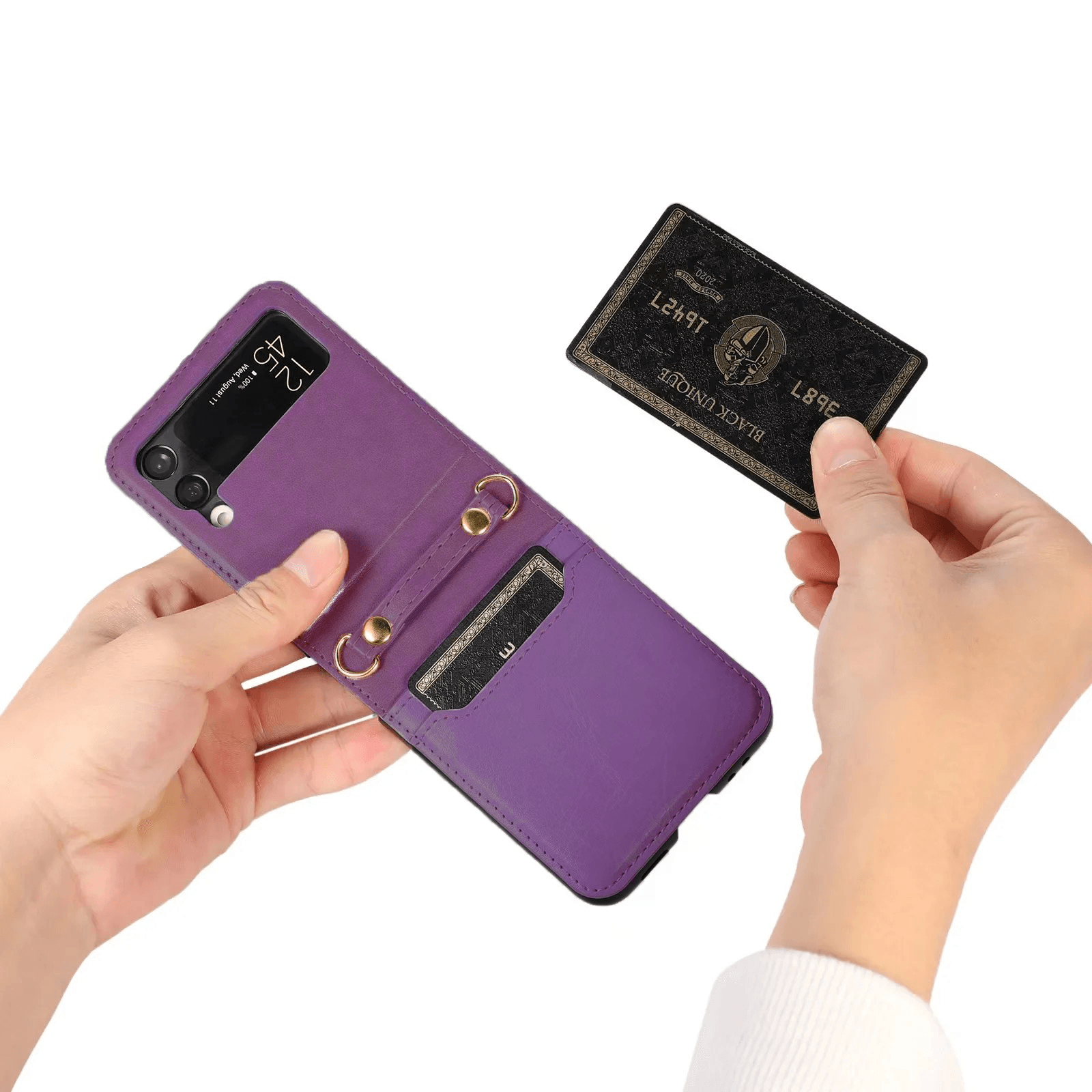 Samsung Galaxy Z Flip 4 Premium Leather Flip Wallet with Cross Body Strap Case - Purple - Guleel