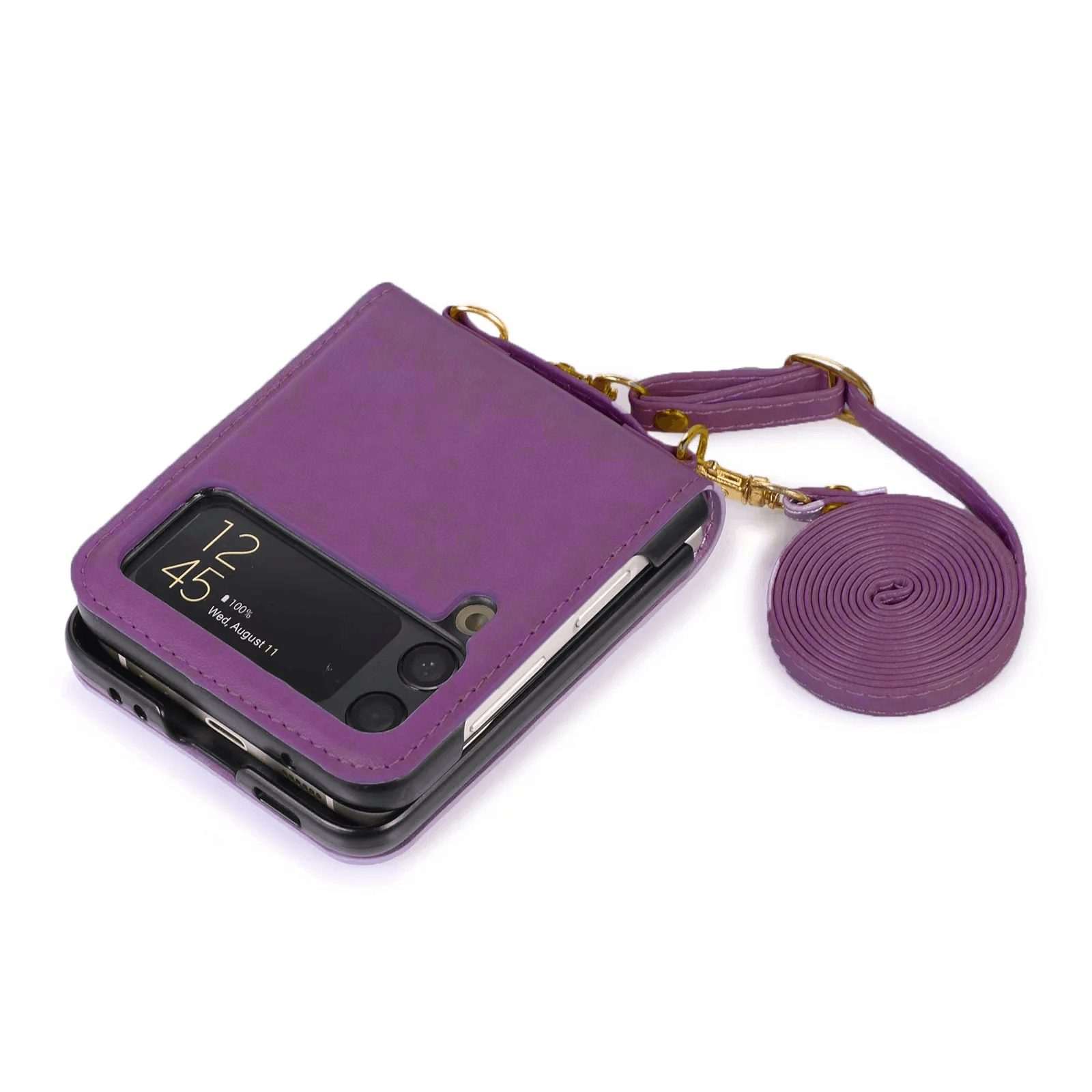 Samsung Galaxy Z Flip 4 Premium Leather Flip Wallet with Cross Body Strap Case - Purple - Guleel