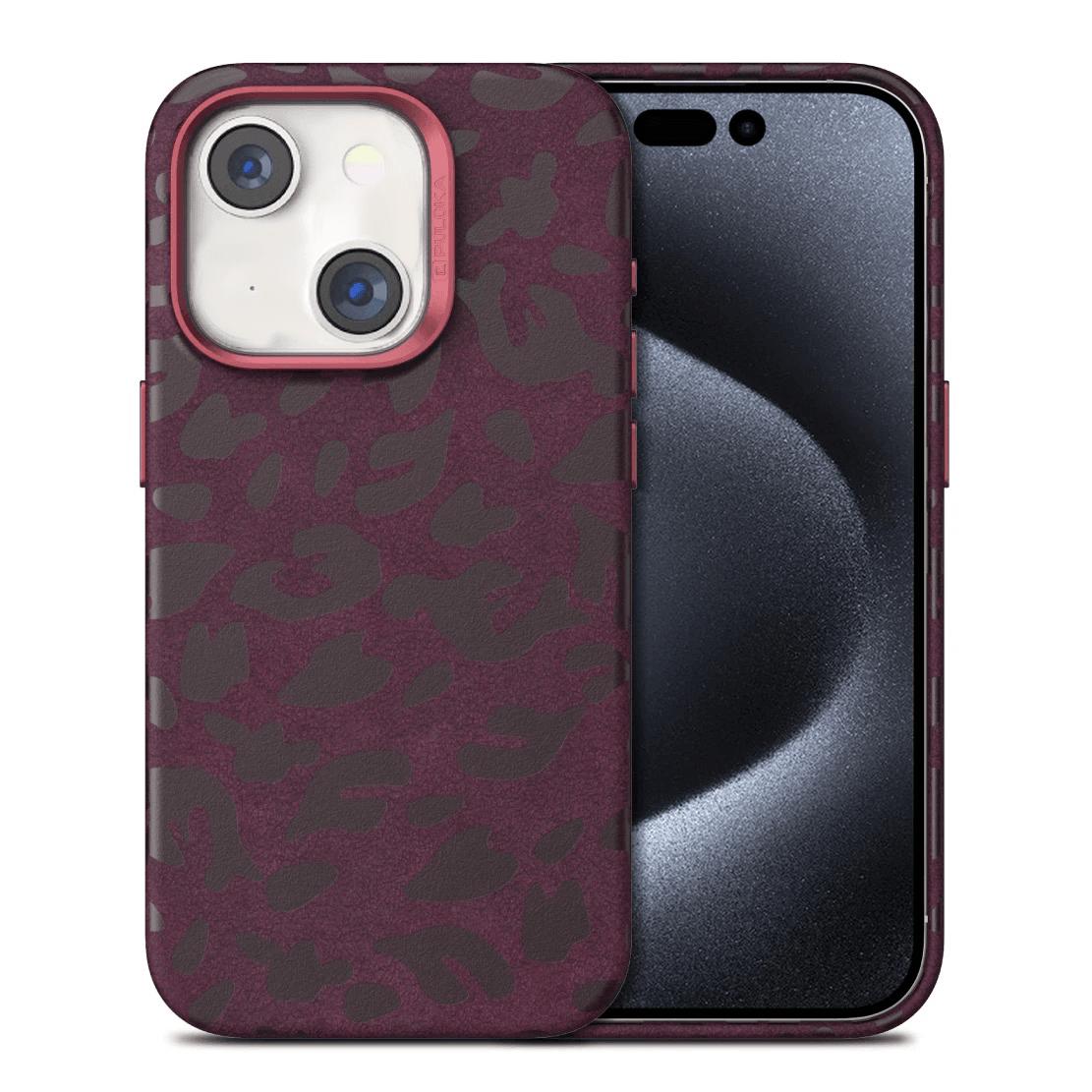 iPhone 15 Premium Puloka Leopard Print Shockproof Case - Maroon - Guleel