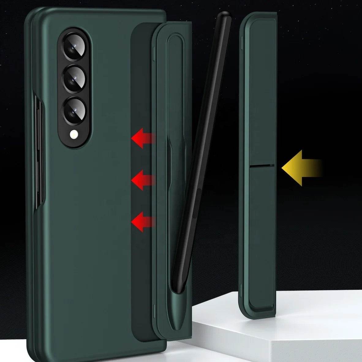 Samsung Galaxy Z Fold 3 Premium Shockproof Stand Holder with FREE Pen Mobile Cover -Dark Green - Guleel