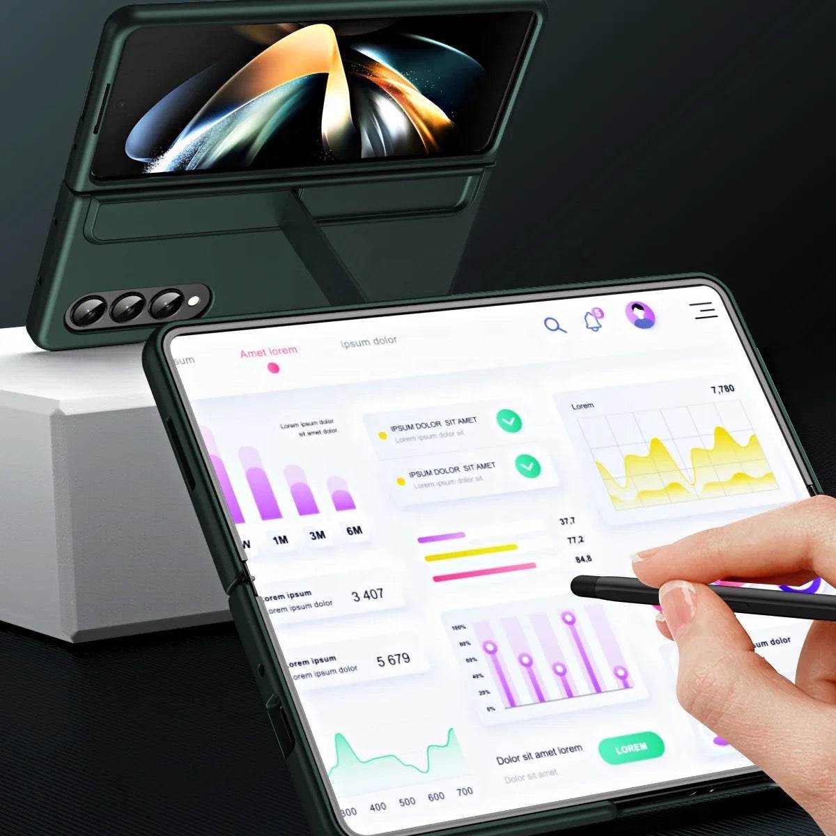 Samsung Galaxy Z Fold 4 Premium Shockproof Stand Holder with FREE Pen Mobile Cover - Dark Green - Guleel