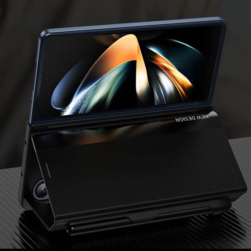 Samsung Galaxy Z Fold 4 Premium Shockproof Wallet Flip Cover with FREE PEN - Black - Guleel