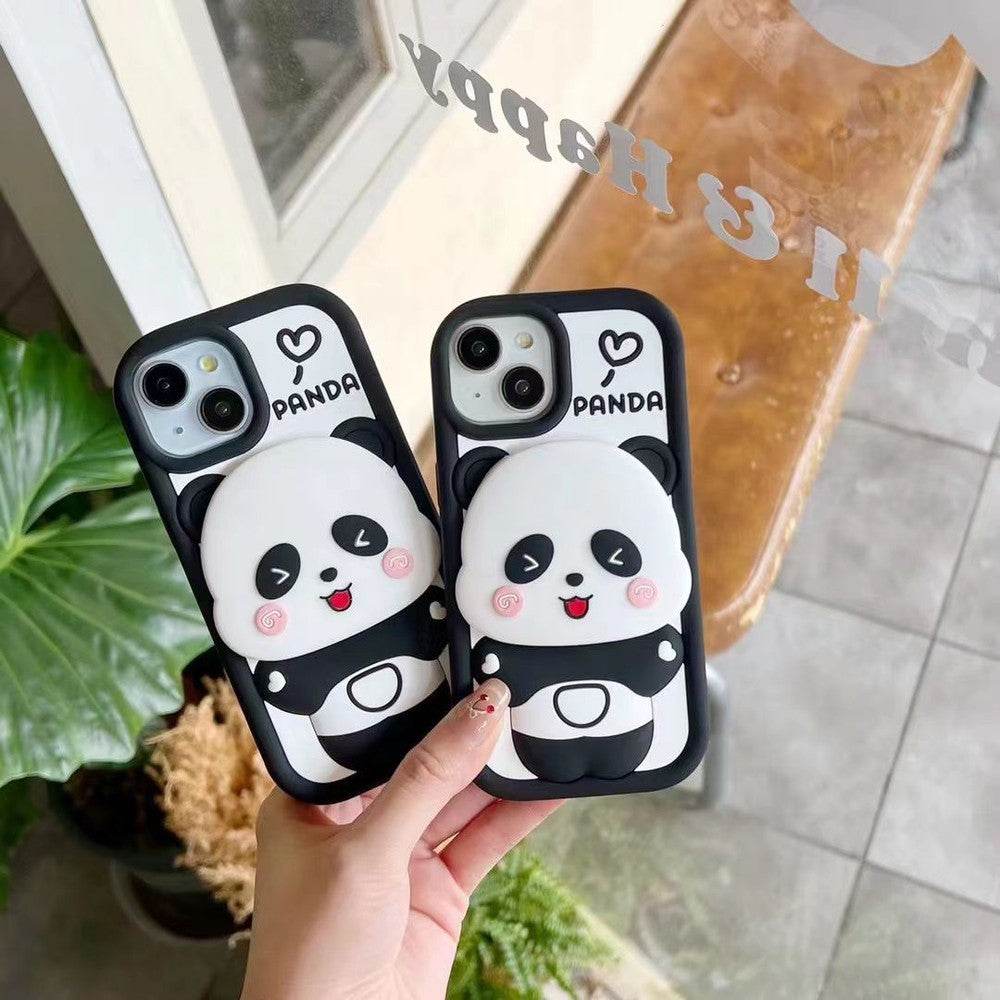 3D Cute Cartoon Panda Silicone Cover with Mirror Stand Case - Black - Guleel