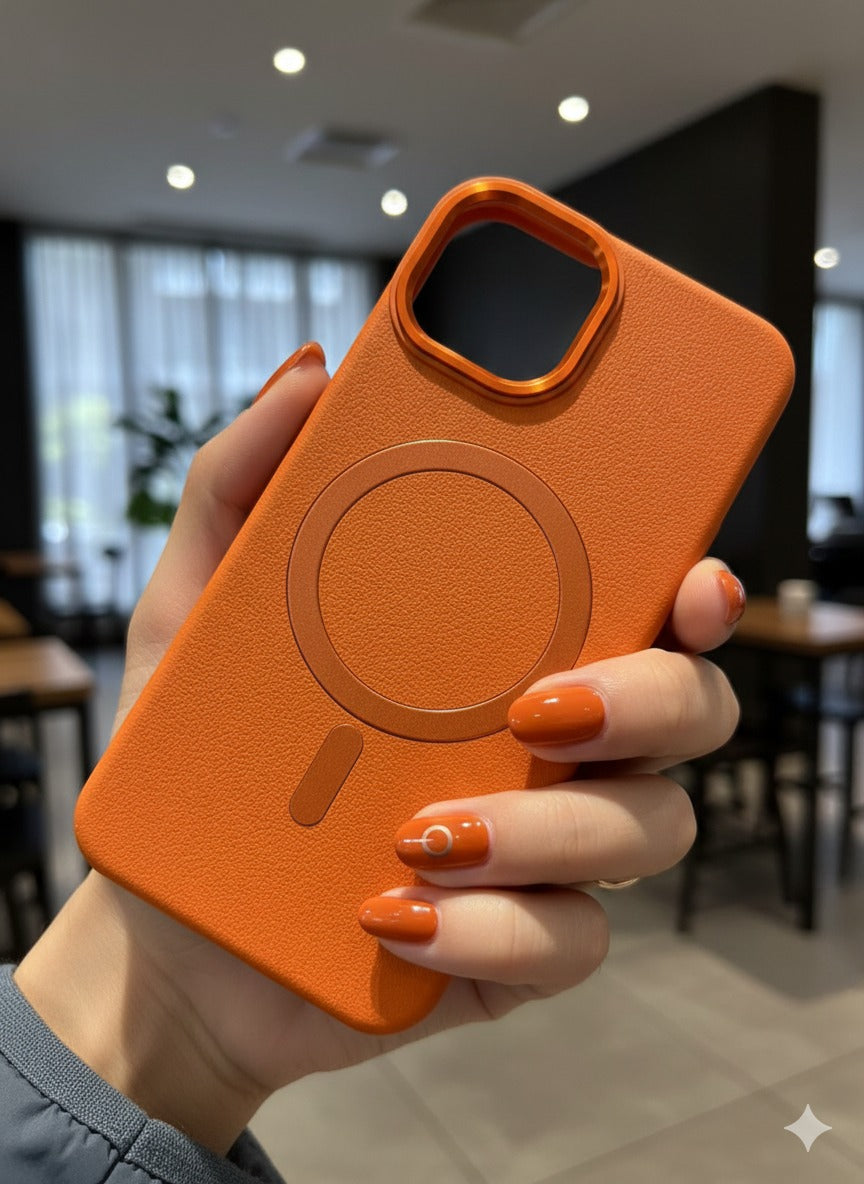 Premium Leather Finish Magsafe Case Cover- Orange