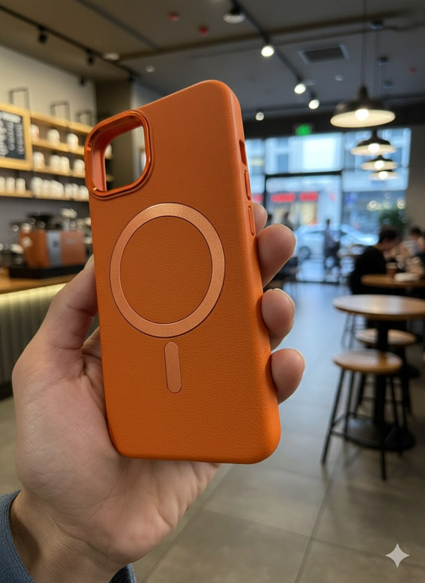 Premium Leather Finish Magsafe Case Cover- Orange