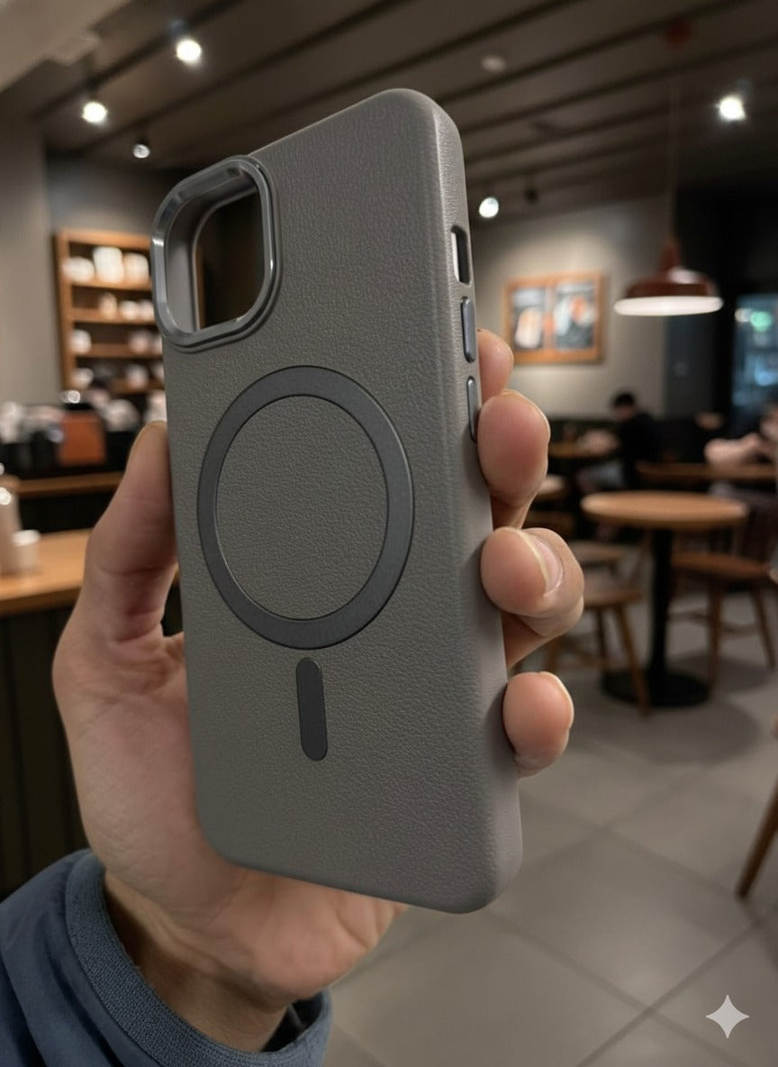 Premium Leather Finish Magsafe Case Cover- Grey