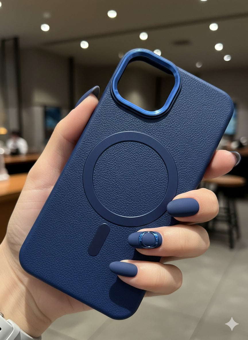 Premium Leather Finish Magsafe Case Cover- Blue