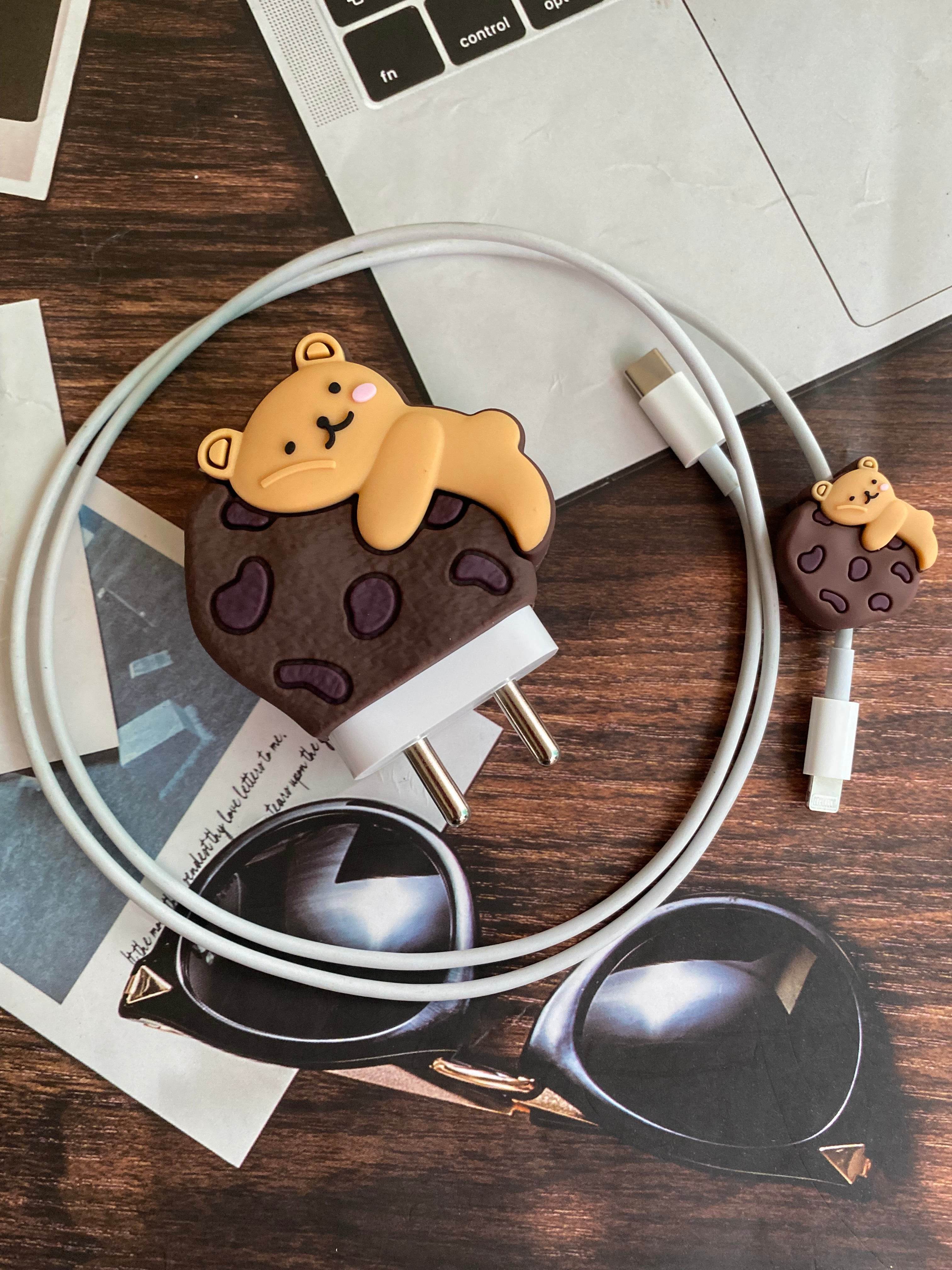 Silicone Cartoon iPhone Charger Case Cover for 18-20W Chargers - Brown (with Wire Cover) - Guleel