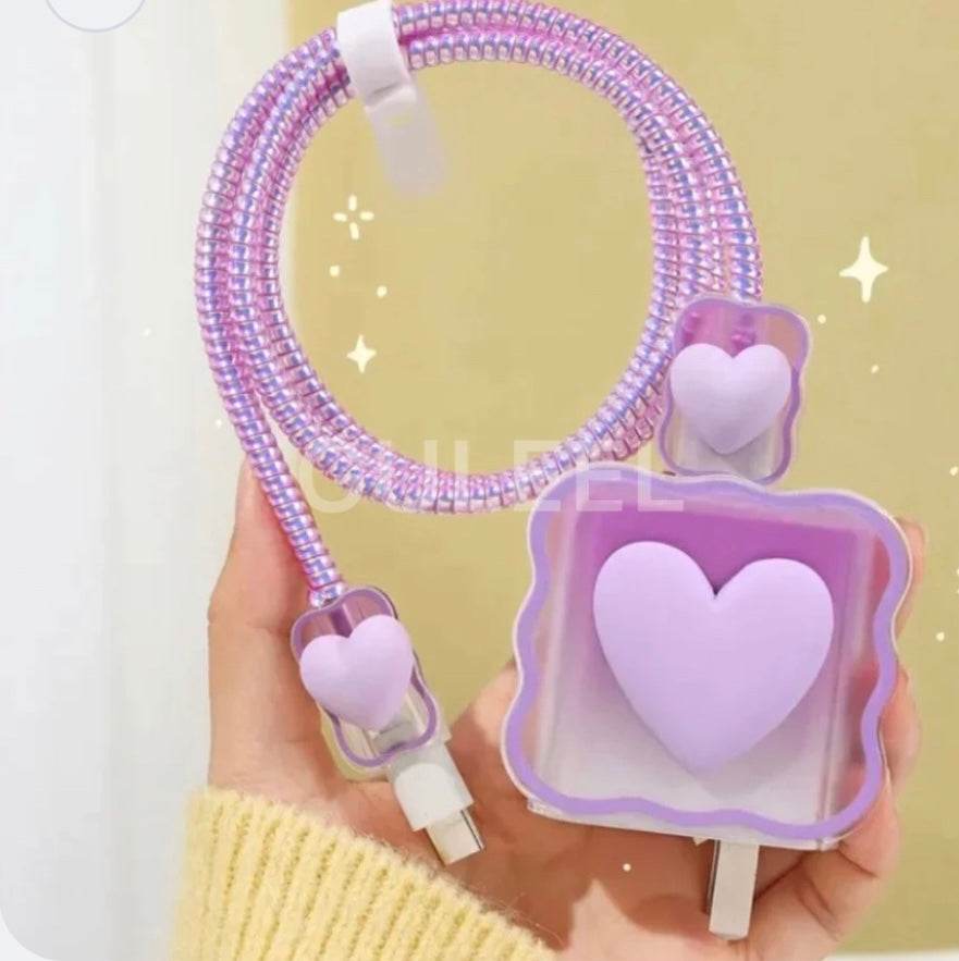 Silicone Cartoon iPhone 3D Heart Charger Case Cover for 18-20W Chargers - Purple (with Wire Cover) - Guleel