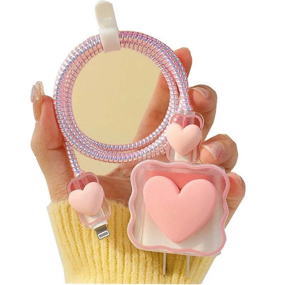 Silicone Cartoon iPhone 3D Heart Charger Case Cover for 18-20W Chargers - Pink (with Wire Cover) - Guleel