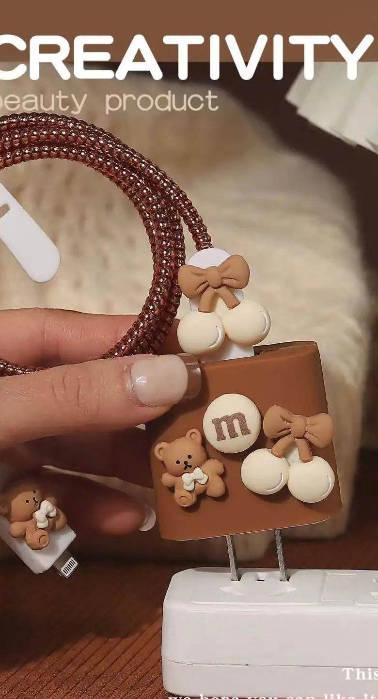 Silicone Cartoon iPhone 3D Teddy Bear Charger Case Cover for 18-20W Chargers - Brown Bow (with wire cover) - Guleel
