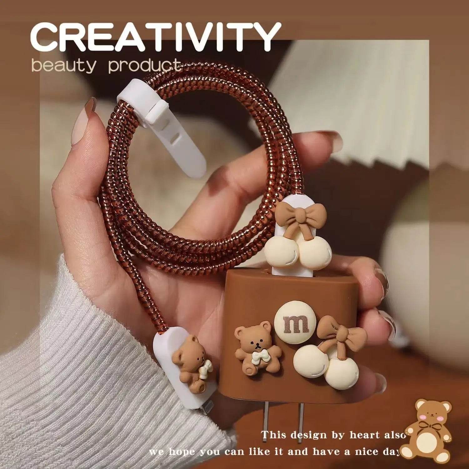 Silicone Cartoon iPhone 3D Teddy Bear Charger Case Cover for 18-20W Chargers - Brown Bow (with wire cover) - Guleel