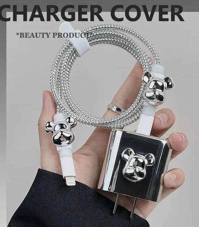 Silicone Cartoon iPhone 3D Teddy Bear Charger Case Cover for 18-20W Chargers - Silver Bear (with wire Cover) - Guleel