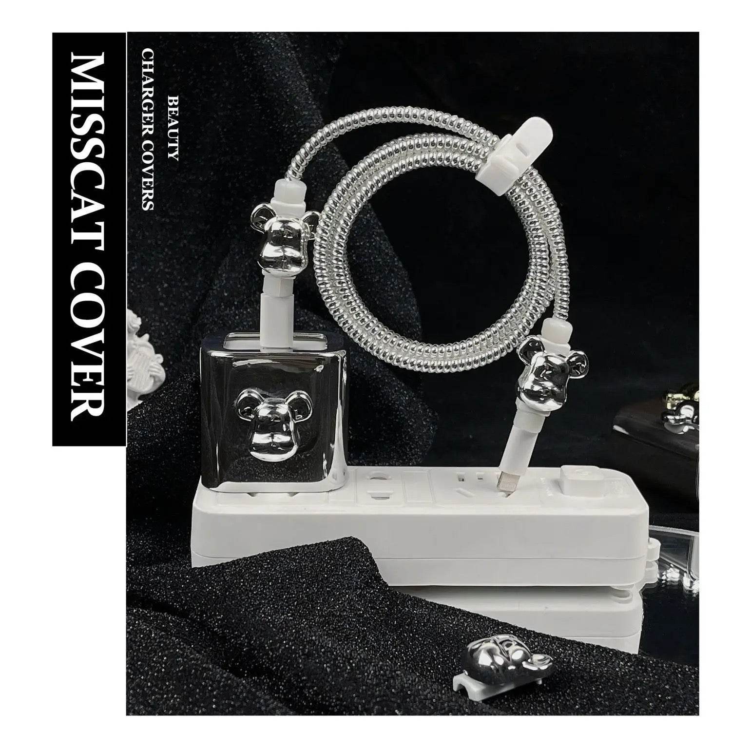 Silicone Cartoon iPhone 3D Teddy Bear Charger Case Cover for 18-20W Chargers - Silver Bear (with wire Cover) - Guleel