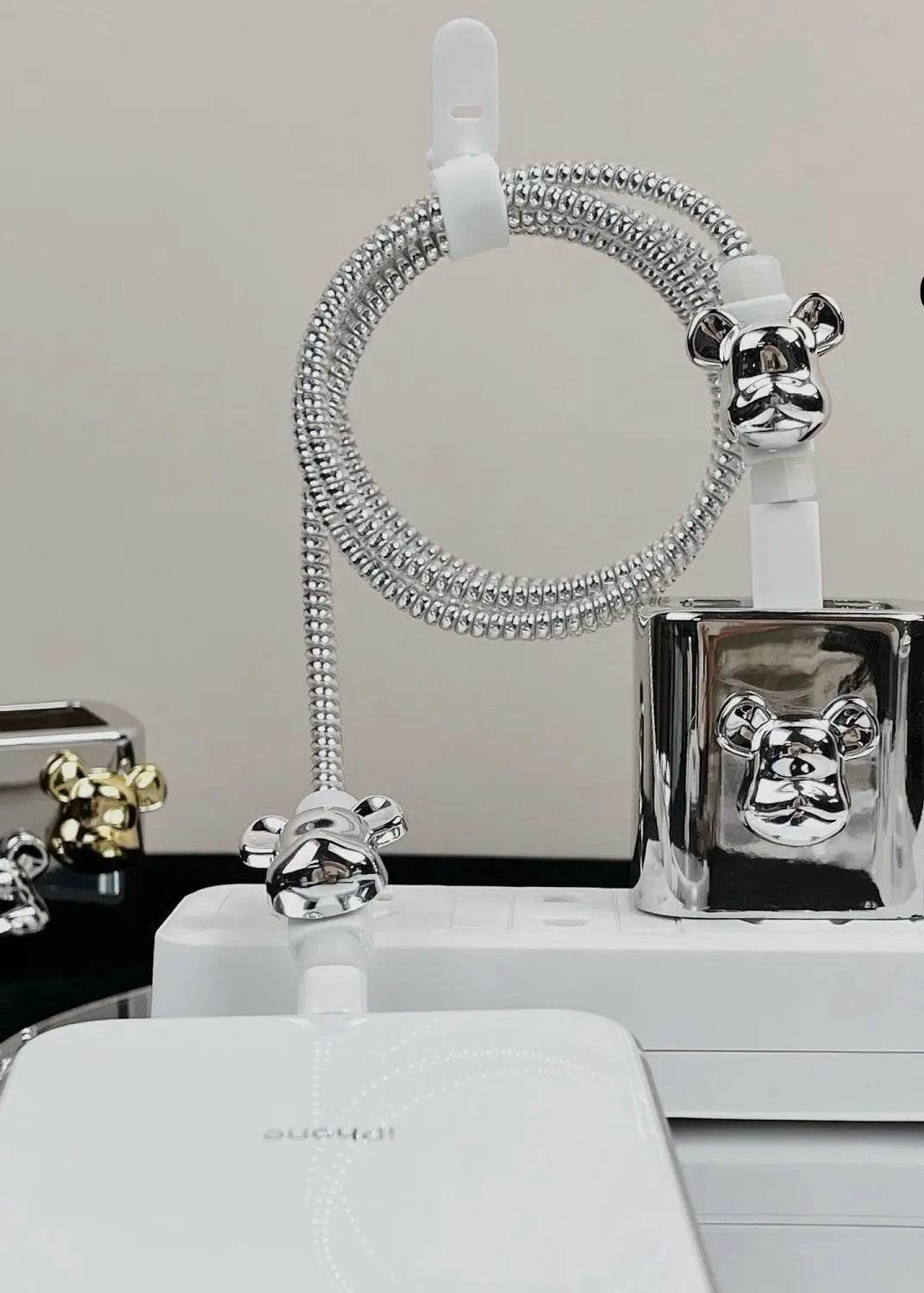 Silicone Cartoon iPhone 3D Teddy Bear Charger Case Cover for 18-20W Chargers - Silver Bear (with wire Cover) - Guleel