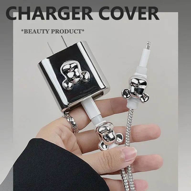 Silicone Cartoon iPhone 3D Teddy Bear Charger Case Cover for 18-20W Chargers - Silver Bear (with wire Cover) - Guleel