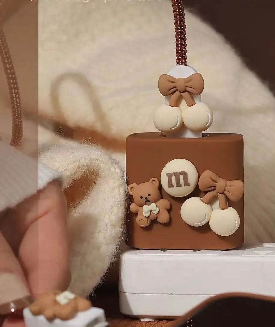 Silicone Cartoon iPhone 3D Teddy Bear Charger Case Cover for 18-20W Chargers - Brown Bow (with wire cover) - Guleel