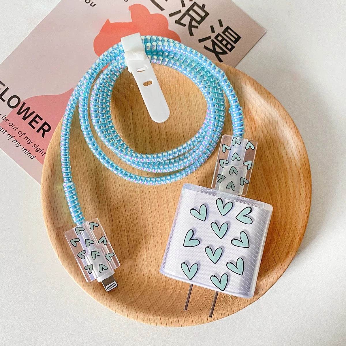 Silicone Transparent iPhone Charger Case Cover for 18-20W Chargers- Blue Heart (With Wire Cover) - Guleel