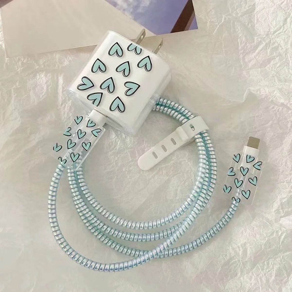 Silicone Transparent iPhone Charger Case Cover for 18-20W Chargers- Blue Heart (With Wire Cover) - Guleel